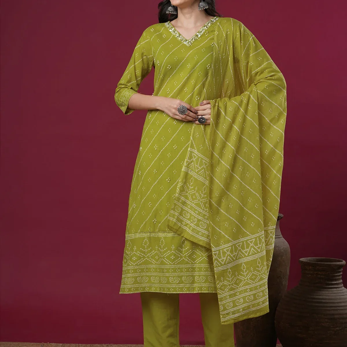 Floral Printed & Embroidered Straight Kurta with Pant & Dupatta - Lime Green, photo 3 of 4