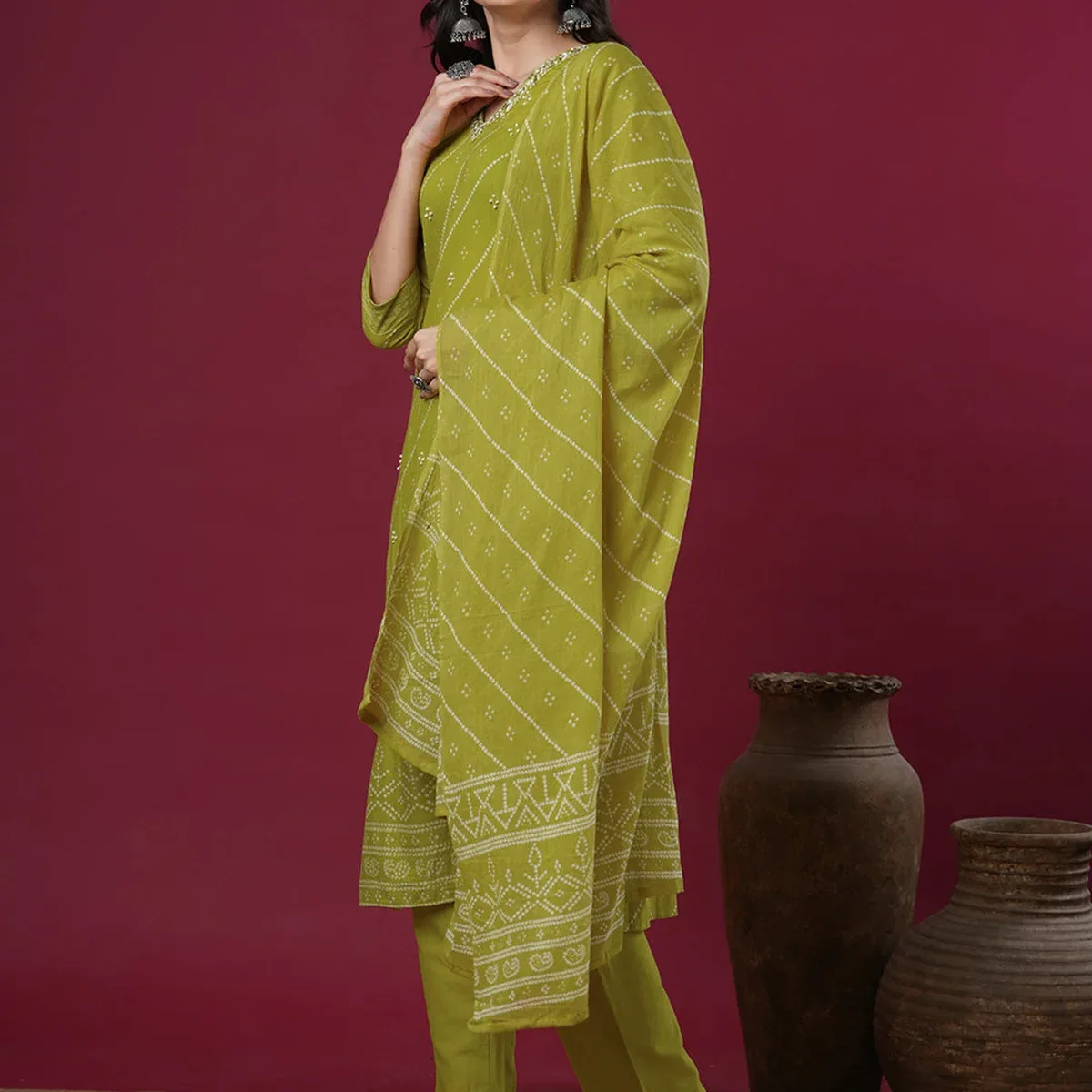 Floral Printed & Embroidered Straight Kurta with Pant & Dupatta - Lime Green, photo 4 of 4
