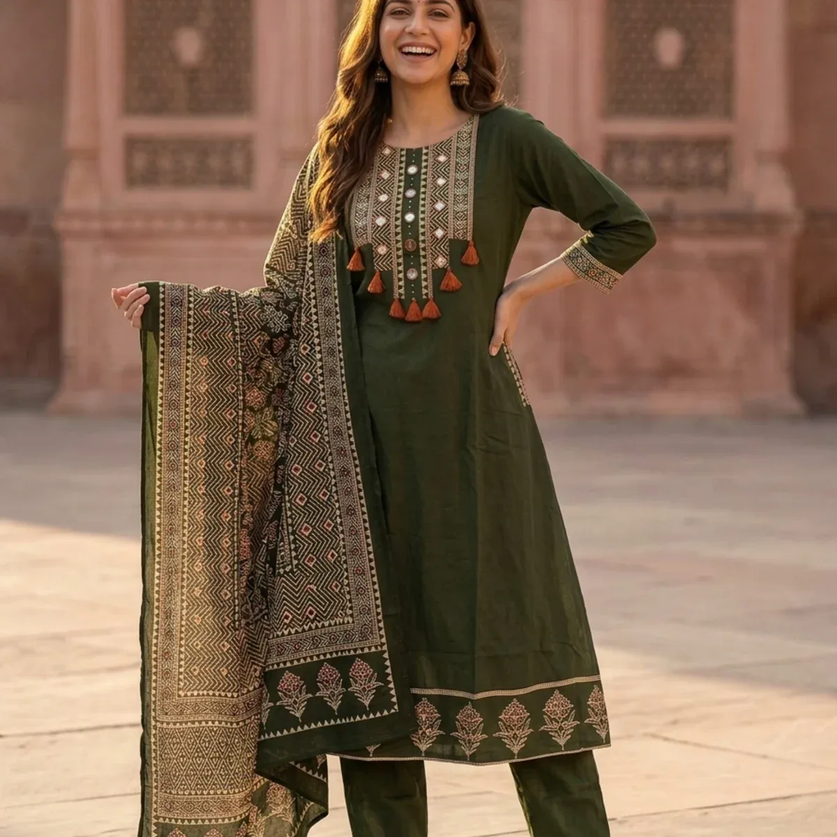 Olive Green Floral Printed Cotton A-Line Kurta Set with Mirror Work Yoke, Pant & Printed Cotton Dupatta, photo 1 of 4