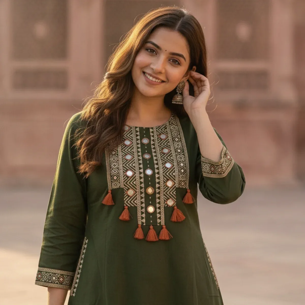 Olive Green Floral Printed Cotton A-Line Kurta Set with Mirror Work Yoke, Pant & Printed Cotton Dupatta, photo 2 of 4