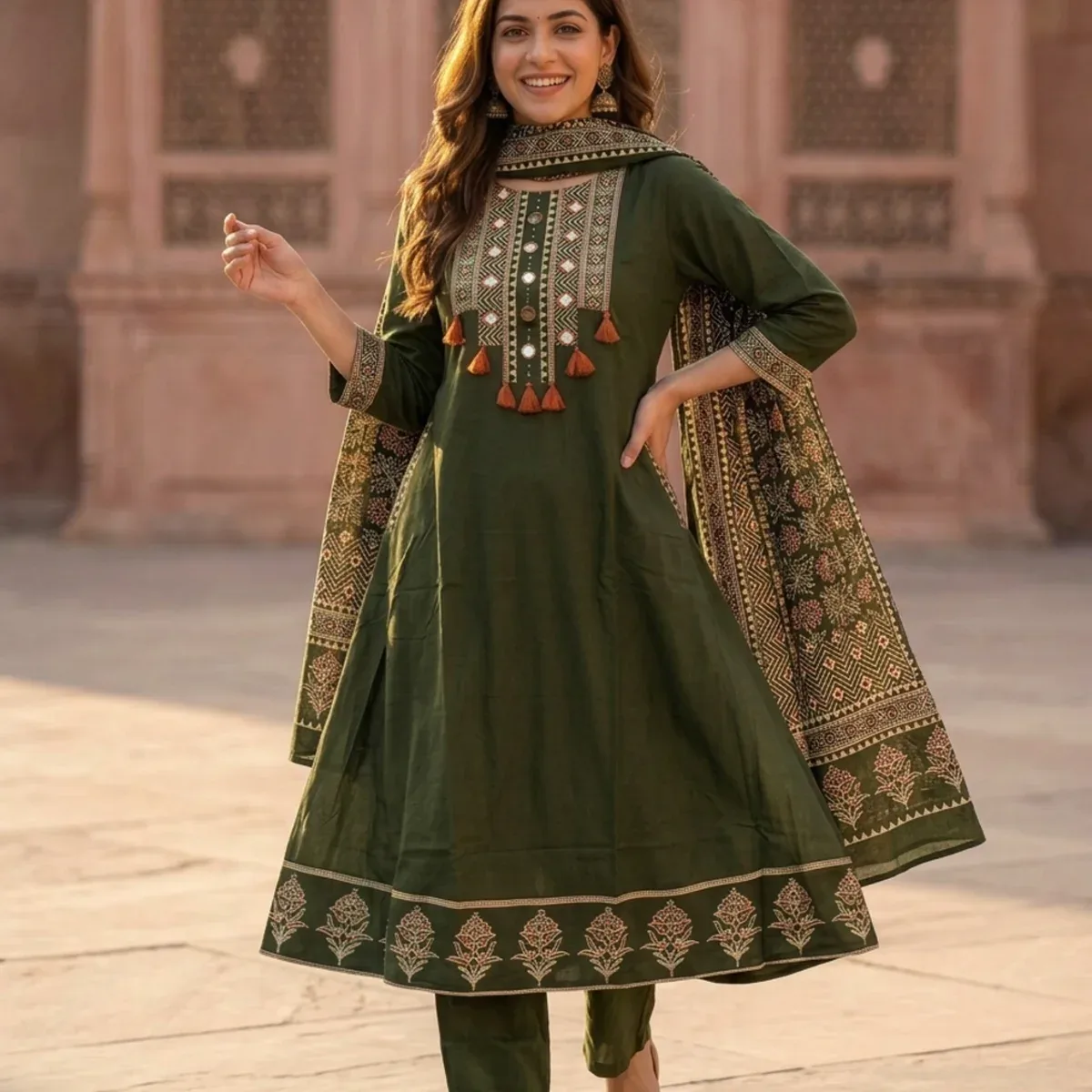 Olive Green Floral Printed Cotton A-Line Kurta Set with Mirror Work Yoke, Pant & Printed Cotton Dupatta, photo 3 of 4