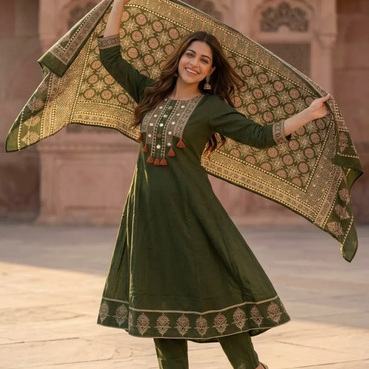 Olive Green Floral Printed Cotton A-Line Kurta Set with Mirror Work Yoke, Pant & Printed Cotton Dupatta, photo 4 of 4