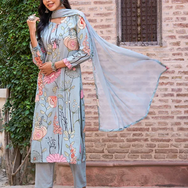 Floral Printed Mirror, Resham & Sequins Embroidered Kurta with Pants & Dupatta - Powder Green