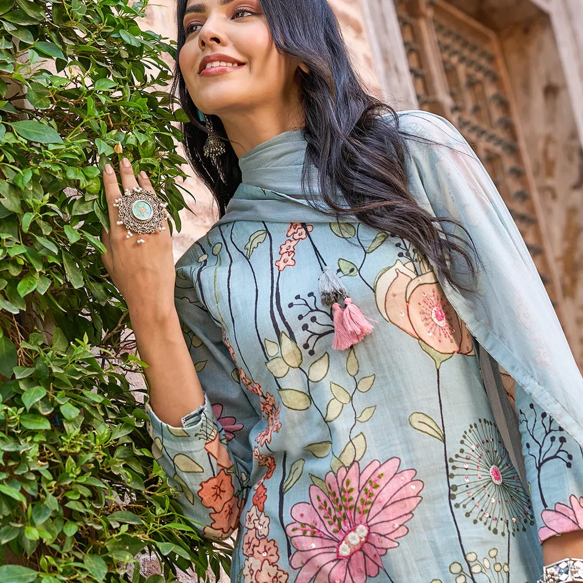 Floral Printed Mirror, Resham & Sequins Embroidered Kurta with Pants & Dupatta - Powder Green, photo 2 of 4