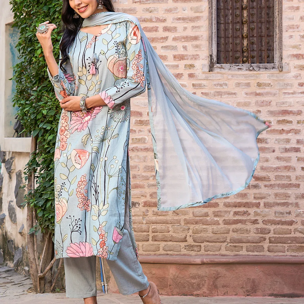 Floral Printed Mirror, Resham & Sequins Embroidered Kurta with Pants & Dupatta - Powder Green, photo 3 of 4