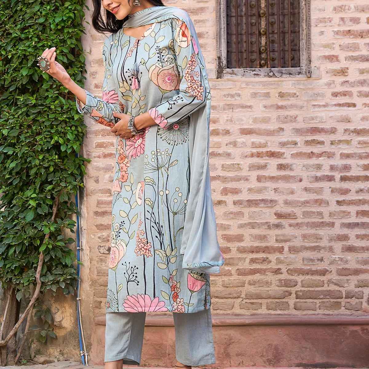 Floral Printed Mirror, Resham & Sequins Embroidered Kurta with Pants & Dupatta - Powder Green, photo 4 of 4
