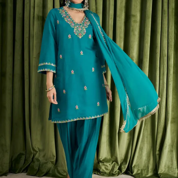 Women's Turquoise Blue Chanderi Silk Floral Embroidered Straight Kurta with Salwar & Dupatta Set