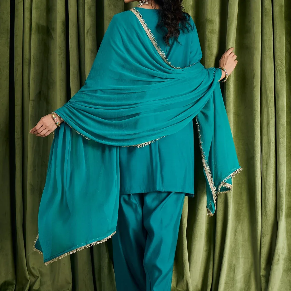 Women's Turquoise Blue Chanderi Silk Floral Embroidered Straight Kurta with Salwar & Dupatta Set, photo 4 of 4