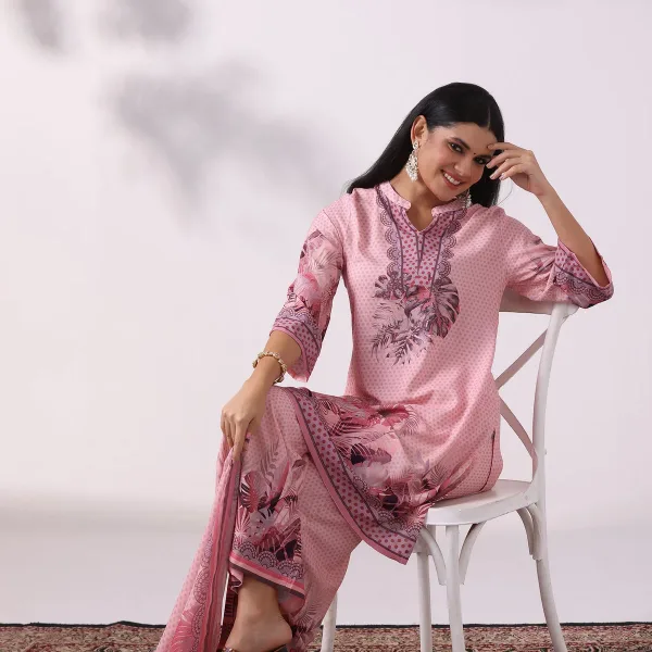 Women Liva Pink Printed Kurta Comfort Pant Dupatta