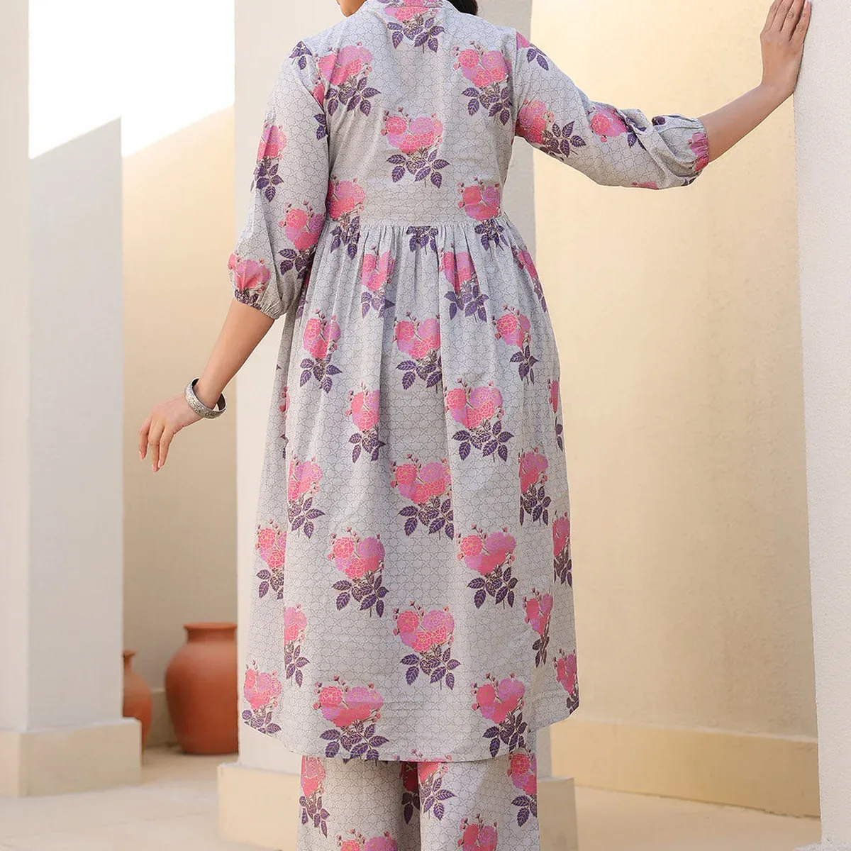 Janasya Women's Maternity Grey Pure Cotton Foil Printed Flared Kurta Set, photo 4 of 4