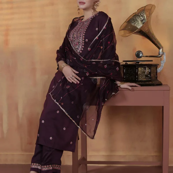 Silk Blend Orchid Embroidered Kurta Comfort Pant Dupatta