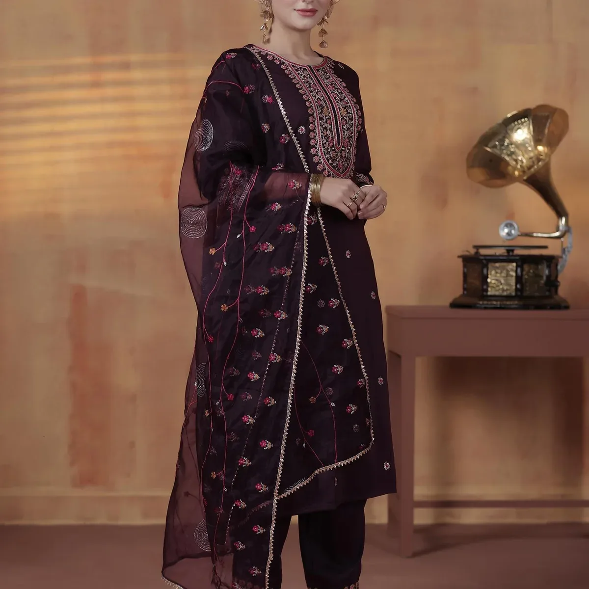 Silk Blend Orchid Embroidered Kurta Comfort Pant Dupatta, photo 4 of 4