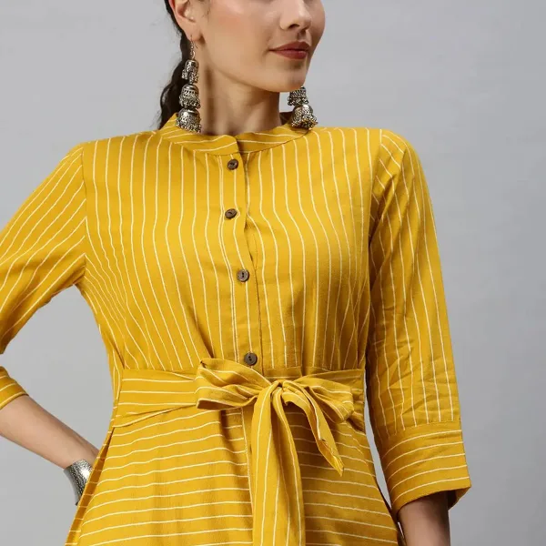 Women's Mandarin Collar Printed Yellow A-Line Kurta