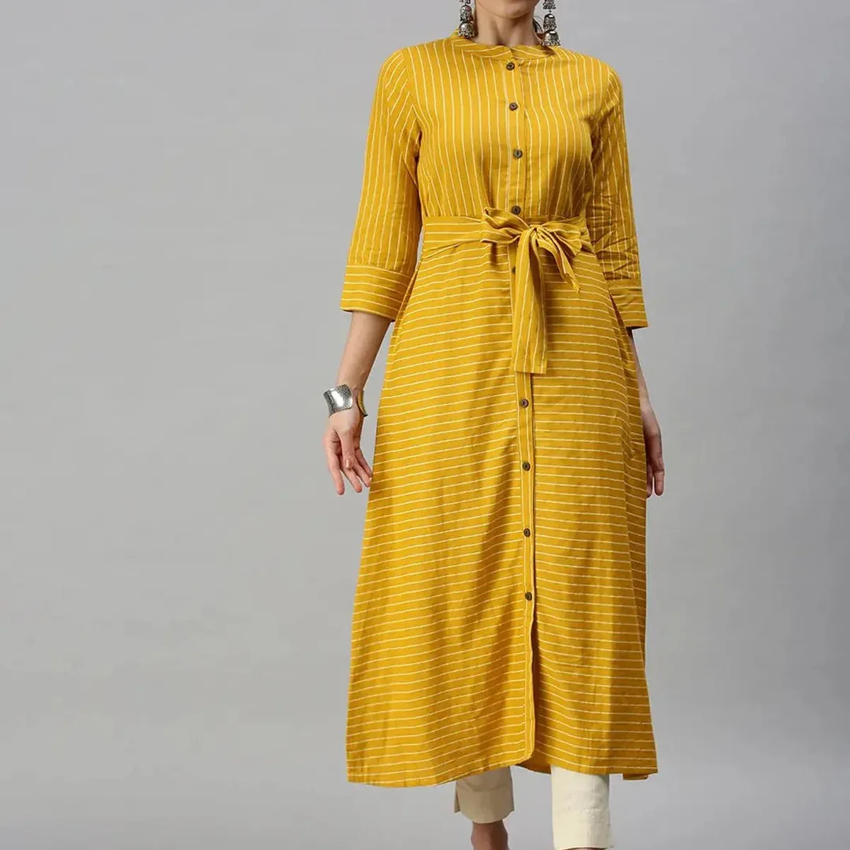 Women's Mandarin Collar Printed Yellow A-Line Kurta, photo 2 of 4