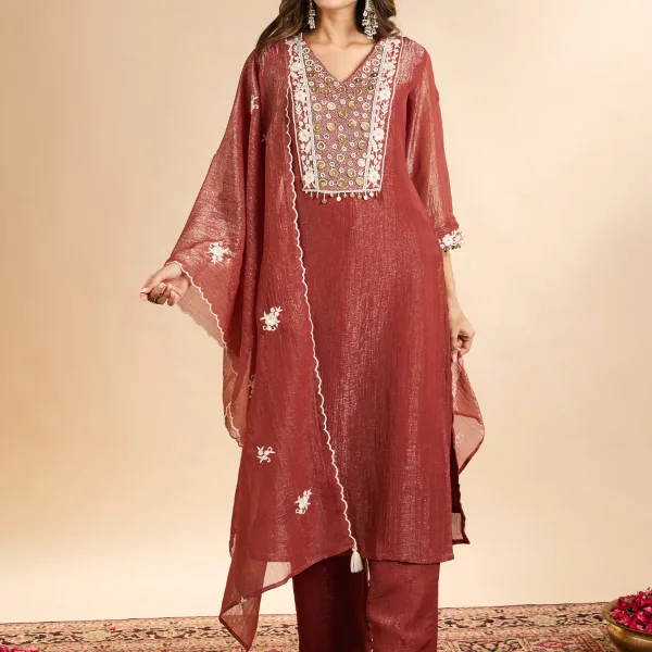 Women's Rust Tissue Silk Floral Pearl Beads Embroidered Straight Kurta Set