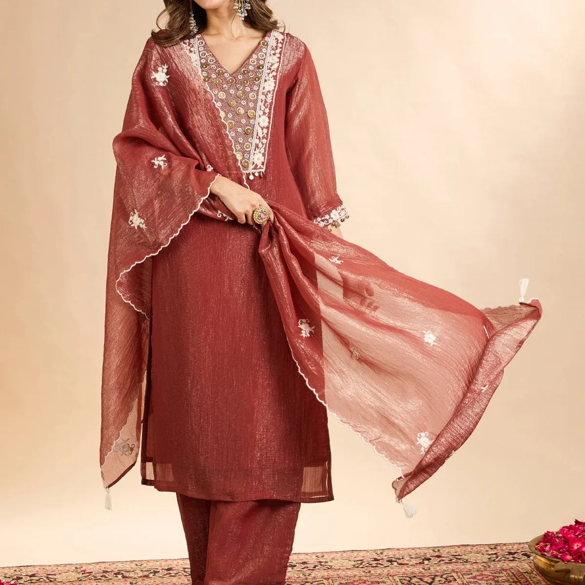 Women's Rust Tissue Silk Floral Pearl Beads Embroidered Straight Kurta Set, photo 2 of 4