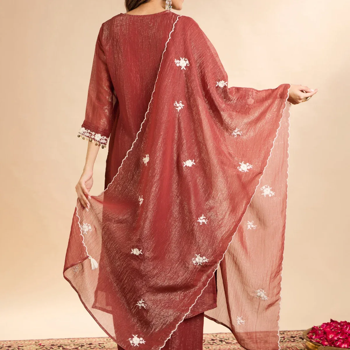 Women's Rust Tissue Silk Floral Pearl Beads Embroidered Straight Kurta Set, photo 4 of 4