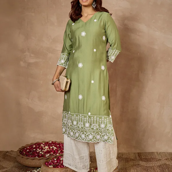 Women's Sage Green Silk Blend Embroidered Straight Kurta