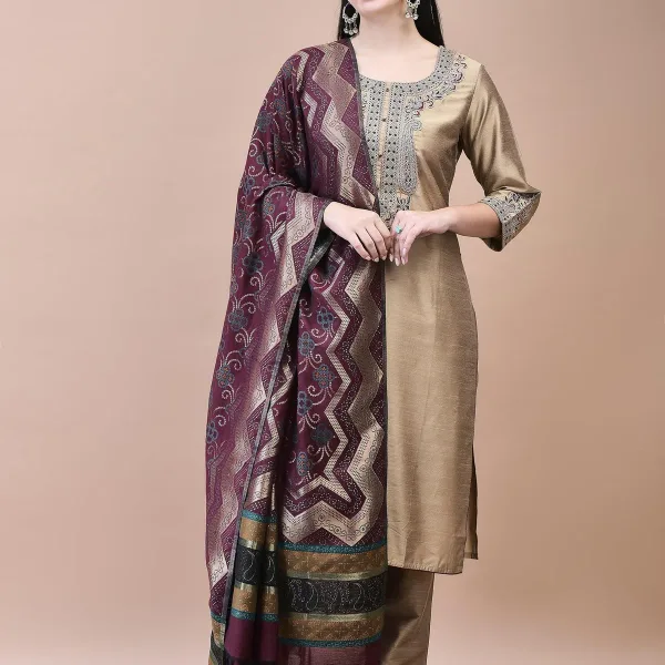 Women Silk Blend Beige Embroidered Kurta Trouser Jacquard Dupatta