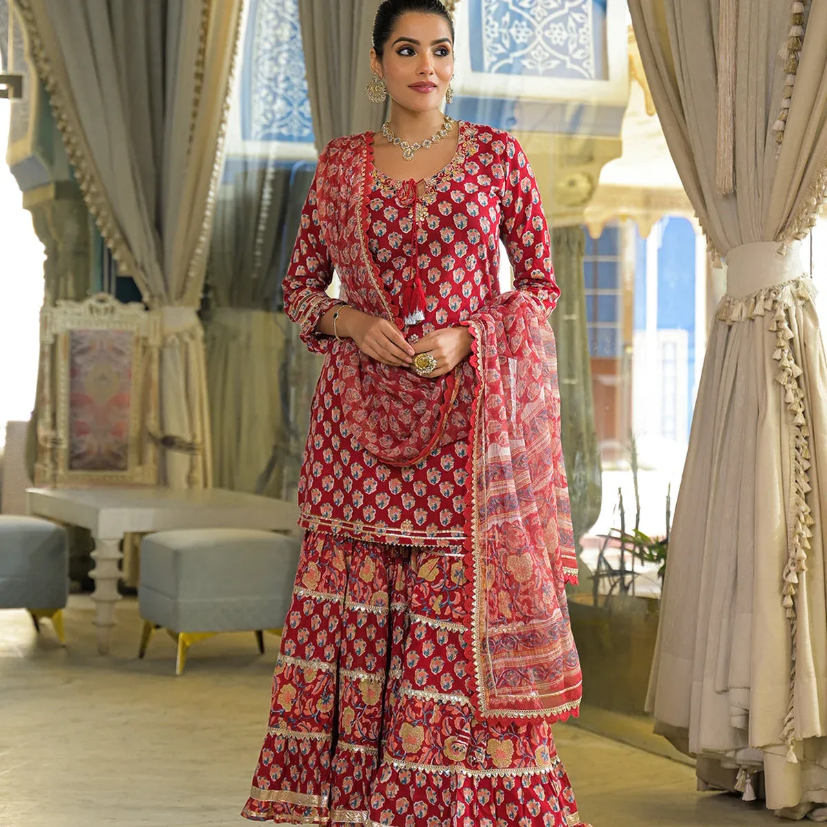 Red Handblock Cotton Straight Kurta Sharara With Dupatta, photo 1 of 4