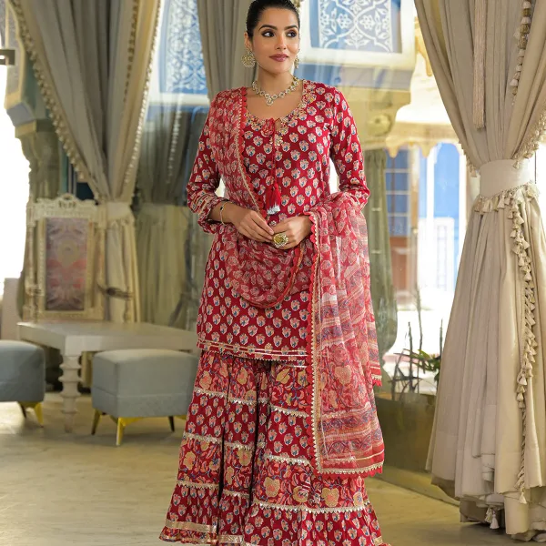 Red Handblock Cotton Straight Kurta Sharara With Dupatta