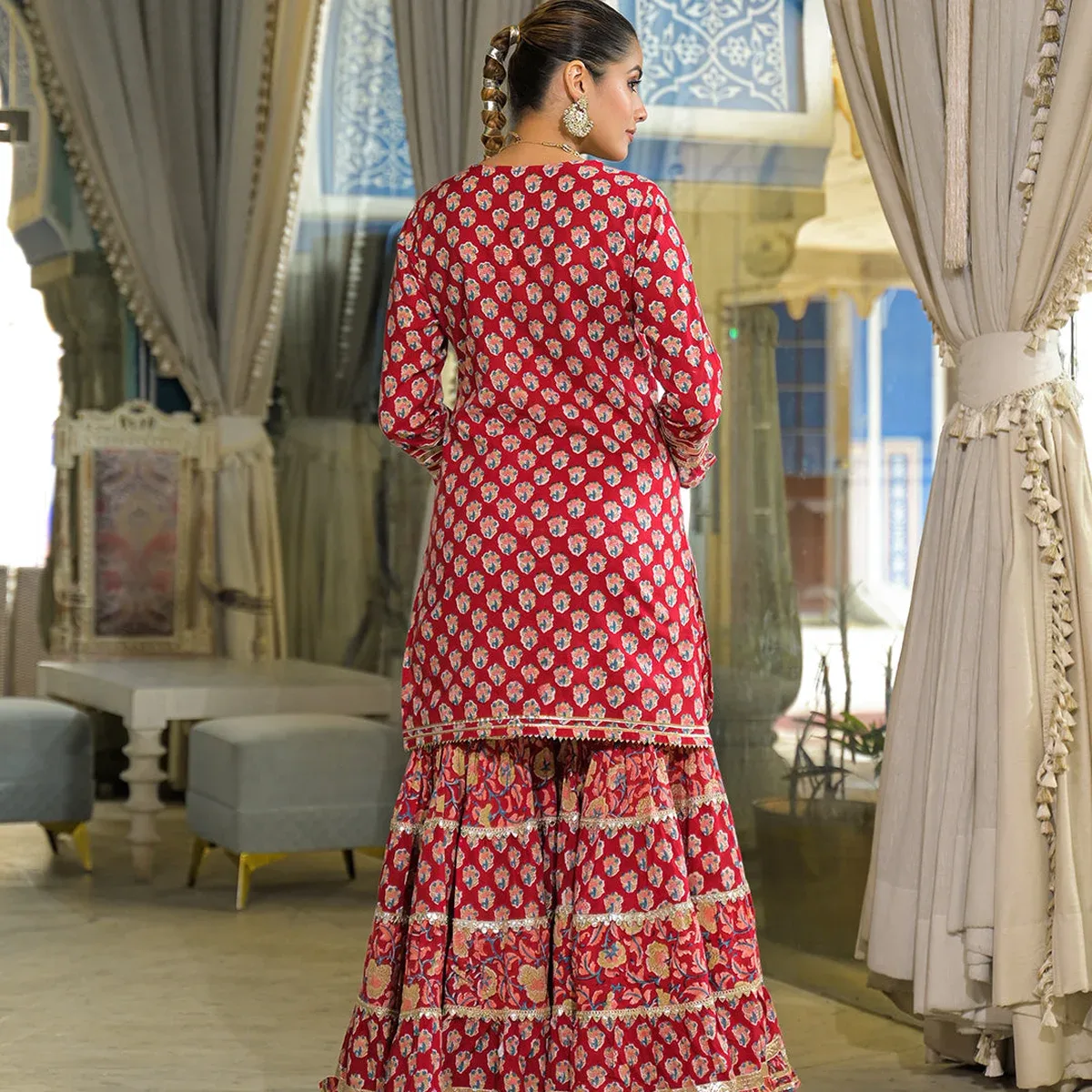 Red Handblock Cotton Straight Kurta Sharara With Dupatta, photo 2 of 4