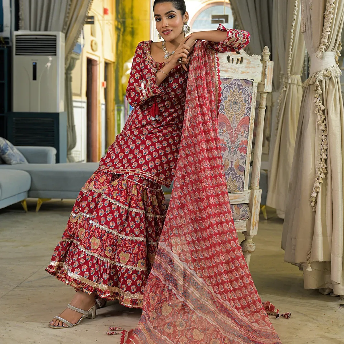 Red Handblock Cotton Straight Kurta Sharara With Dupatta, photo 3 of 4