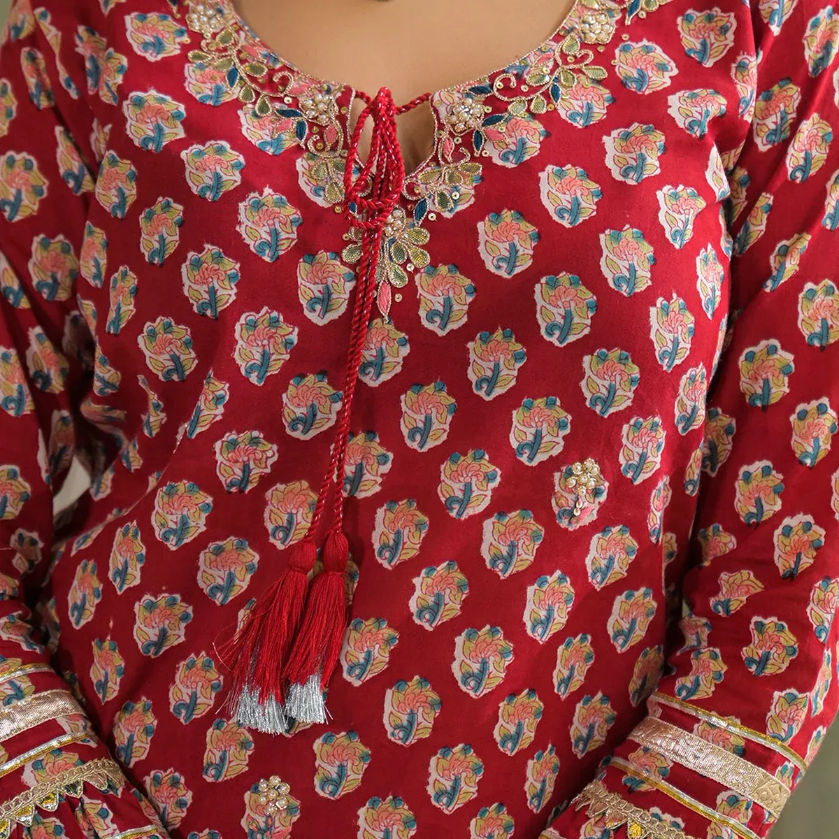 Red Handblock Cotton Straight Kurta Sharara With Dupatta, photo 4 of 4