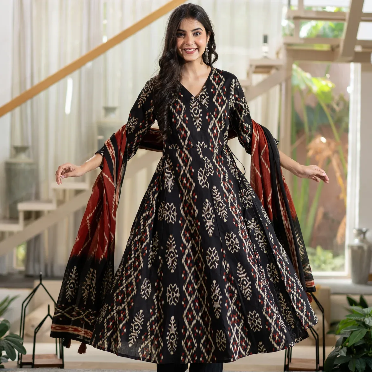 Vanya Black Cotton Ikkat Angrakha Anarkali Dupatta Set, photo 1 of 4