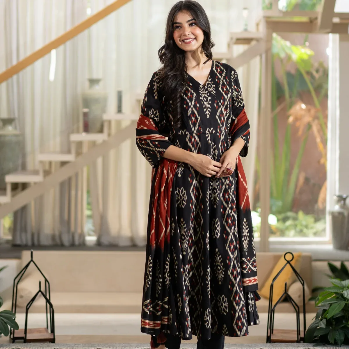 Vanya Black Cotton Ikkat Angrakha Anarkali Dupatta Set, photo 2 of 4