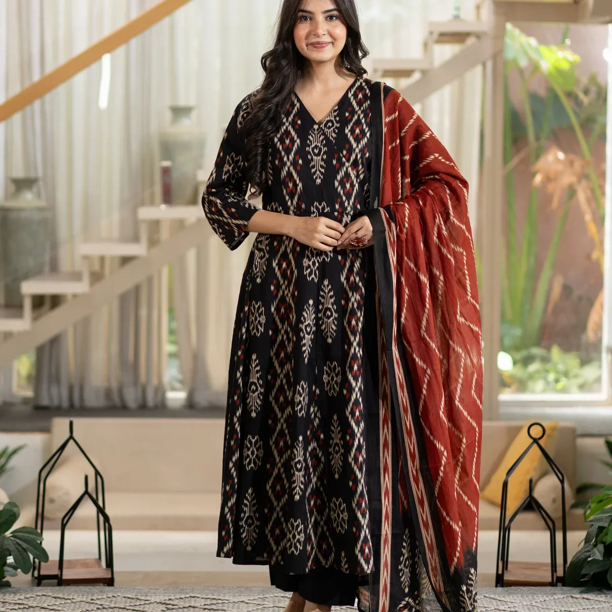 Vanya Black Cotton Ikkat Angrakha Anarkali Dupatta Set, photo 3 of 4
