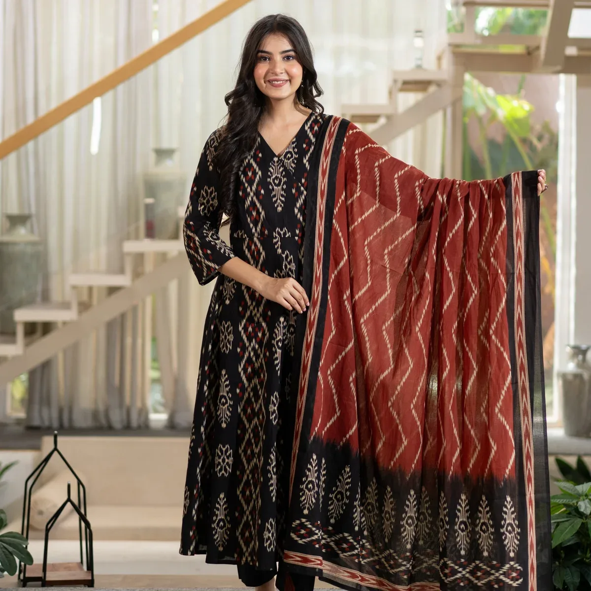 Vanya Black Cotton Ikkat Angrakha Anarkali Dupatta Set, photo 4 of 4