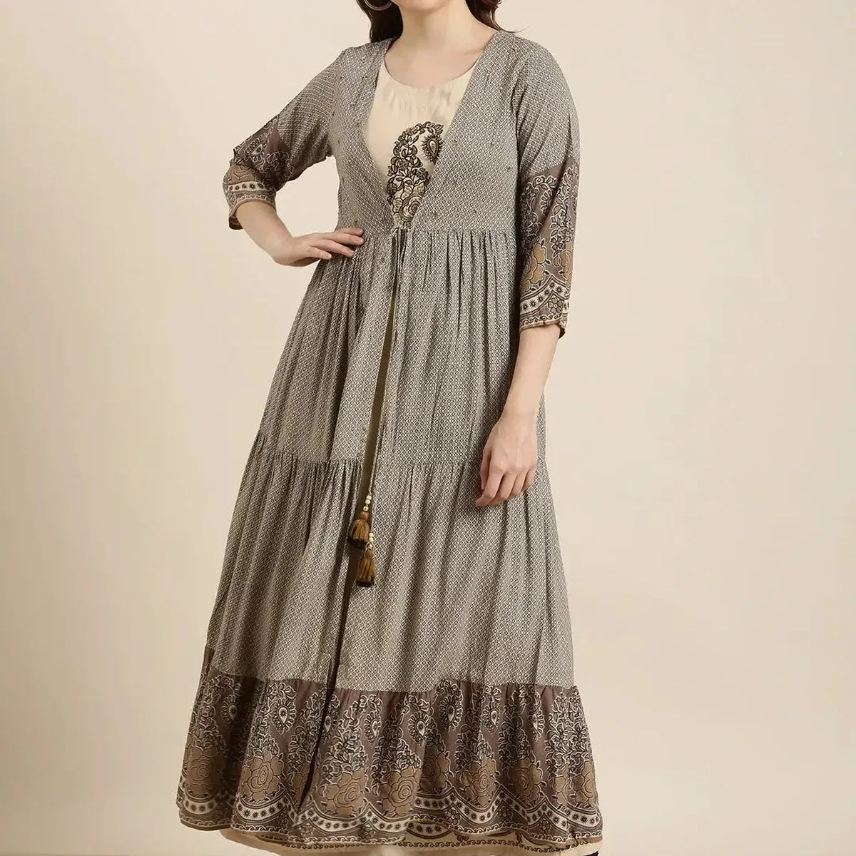 Women's Anarkali Beige Ethnic Motifs Kurta Comes With Overcoat, photo 2 of 4
