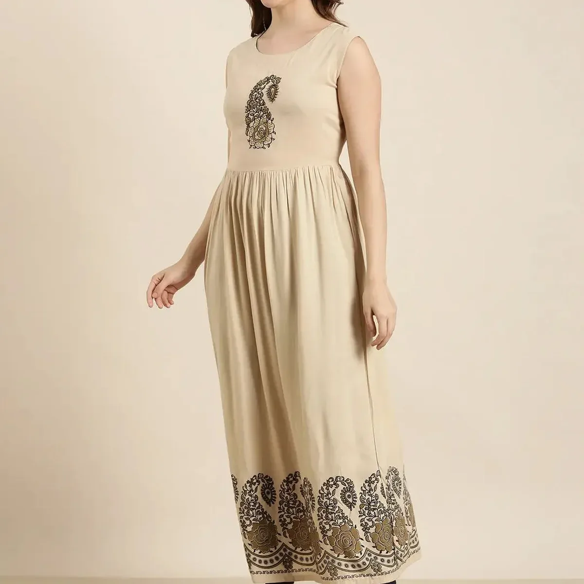 Women's Anarkali Beige Ethnic Motifs Kurta Comes With Overcoat, photo 3 of 4