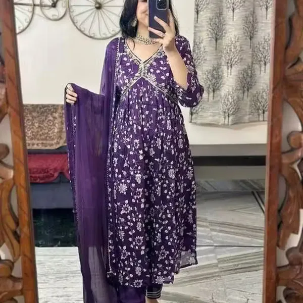 Womens Beautiful Rayon Aliya Cut Embroidered Kurti With Pant and Dupatta Set