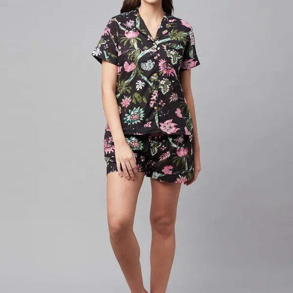 Black Cotton Floral Print Night Suit