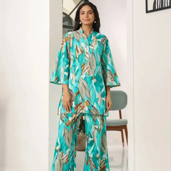 Aqua Leaves Blue Cotton Palazzo Loungewear Set