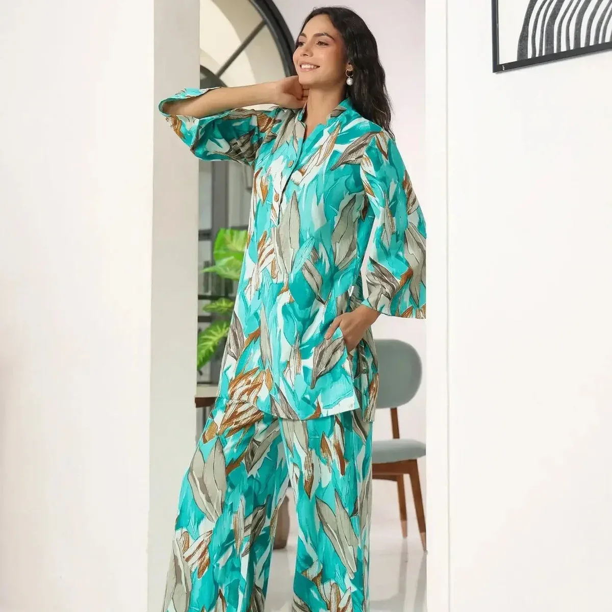 Aqua Leaves Blue Cotton Palazzo Loungewear Set, photo 2 of 4