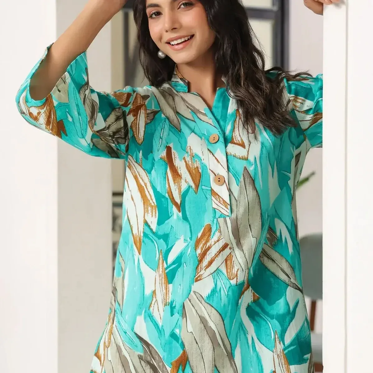 Aqua Leaves Blue Cotton Palazzo Loungewear Set, photo 3 of 4