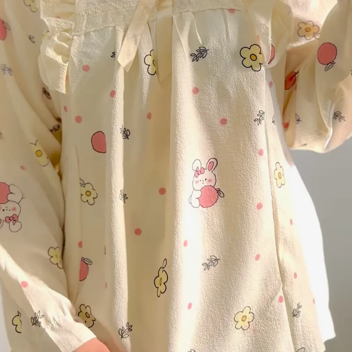 Cozy Long-Sleeved Pajama Set with Cute Prints and Lace Trim, photo 3 of 4