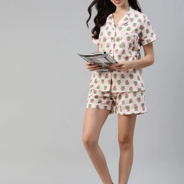 Baby pink Cotton Floral Print Night Suit