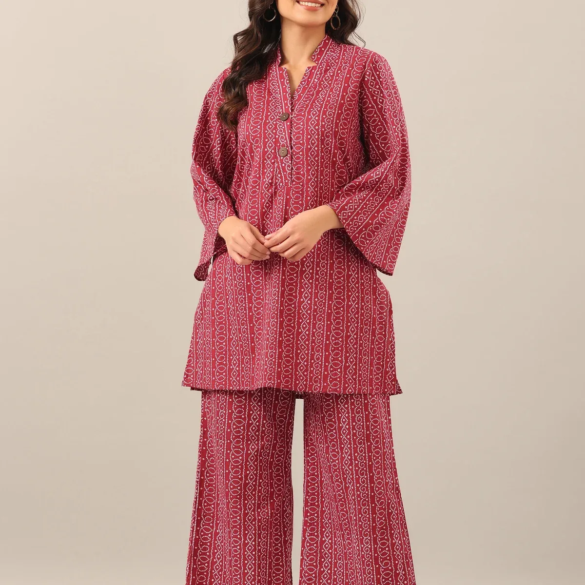 Bandhej on Maroon Cotton Palazzo Loungewear Set, photo 1 of 4