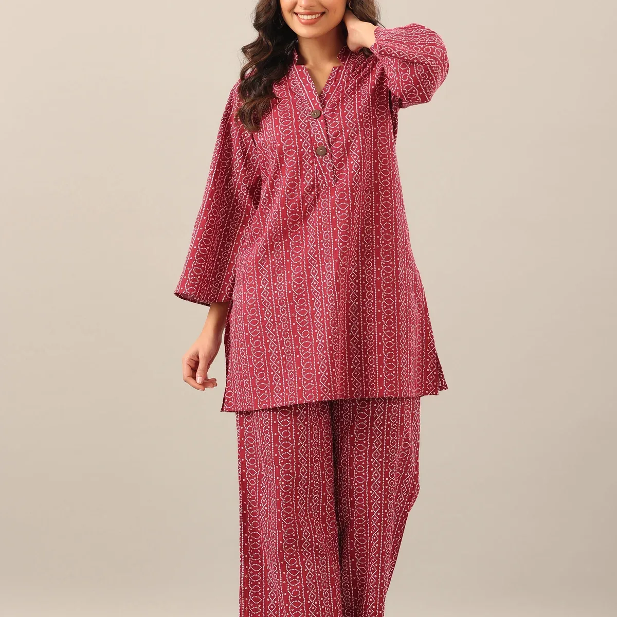 Bandhej on Maroon Cotton Palazzo Loungewear Set, photo 3 of 4