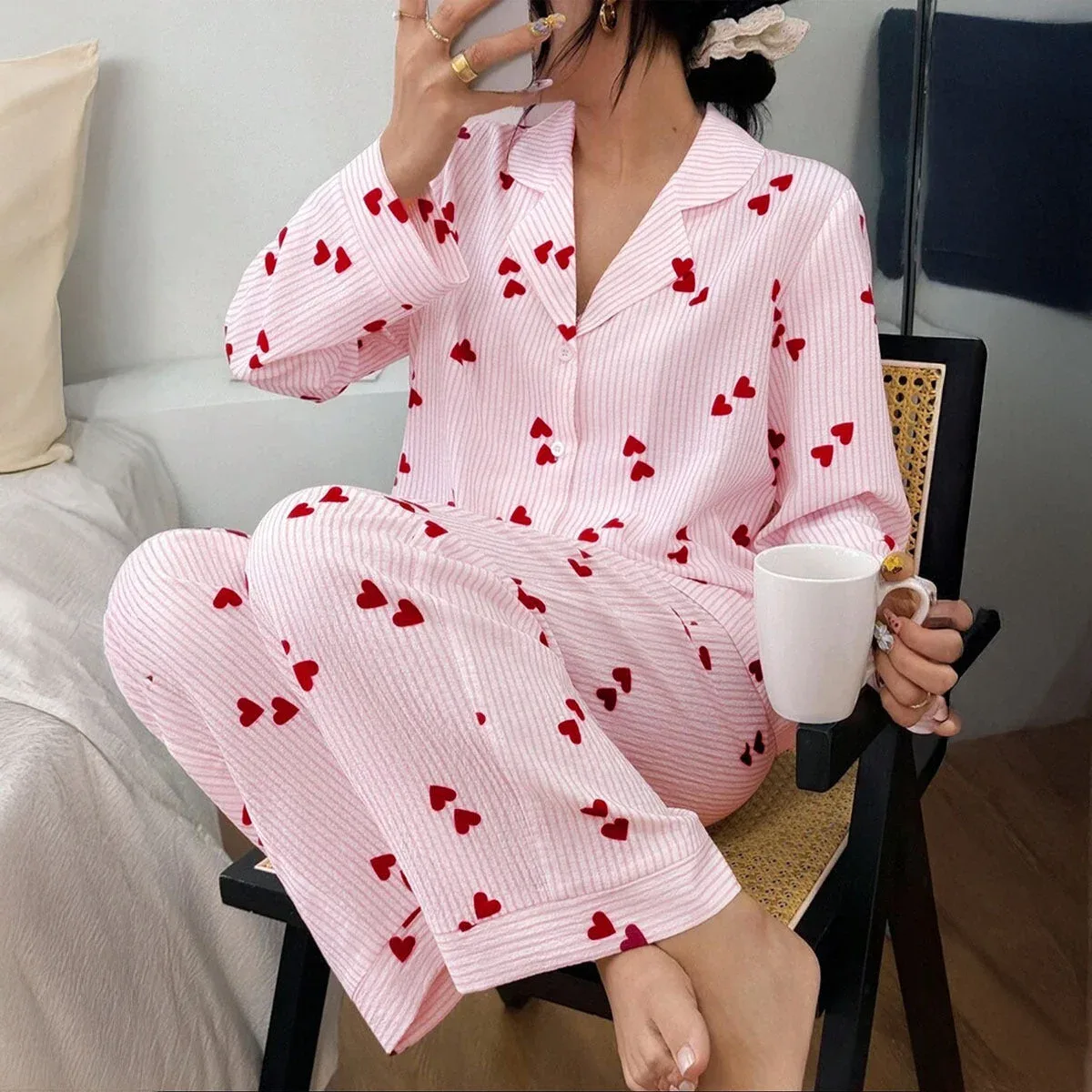 Womens Cozy Printed Loose-fit Long-sleeve Pajama Set With Pants, photo 1 of 4