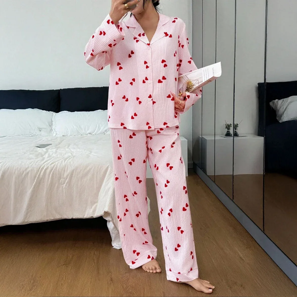 Womens Cozy Printed Loose-fit Long-sleeve Pajama Set With Pants, photo 4 of 4