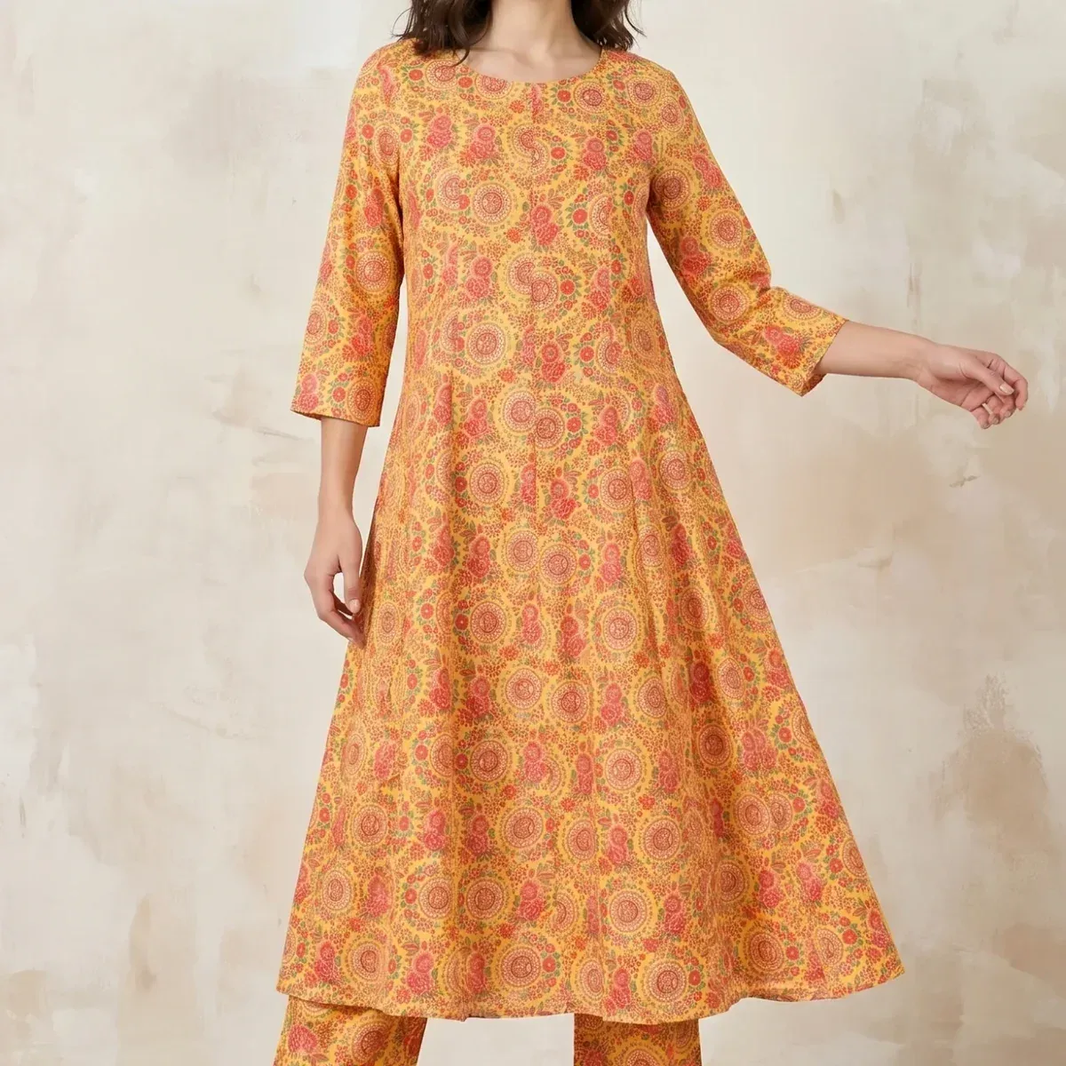 Yellow Floral Printed Rayon Flared Kurta With Pants Co-ord Set, photo 1 of 4