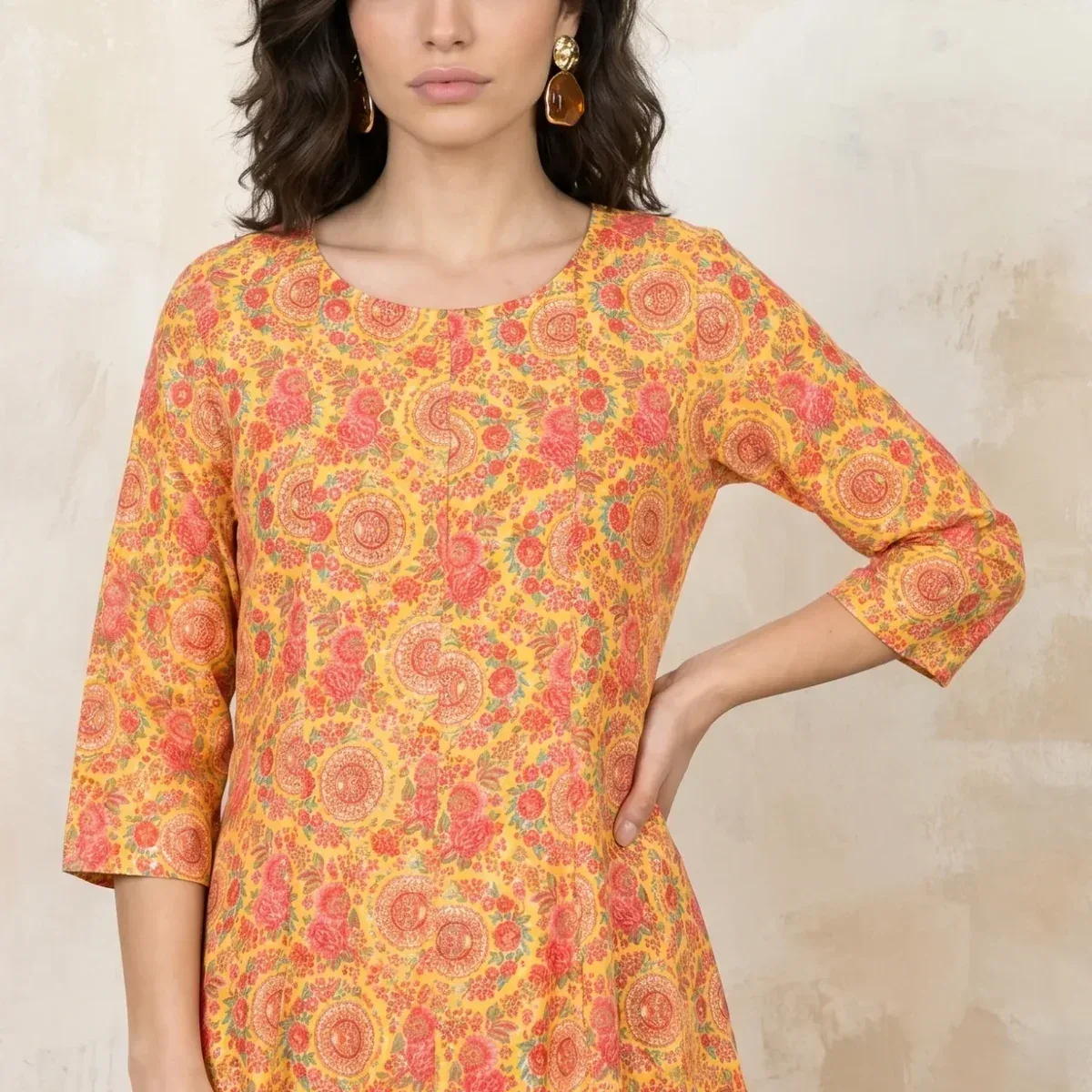Yellow Floral Printed Rayon Flared Kurta With Pants Co-ord Set, photo 2 of 4