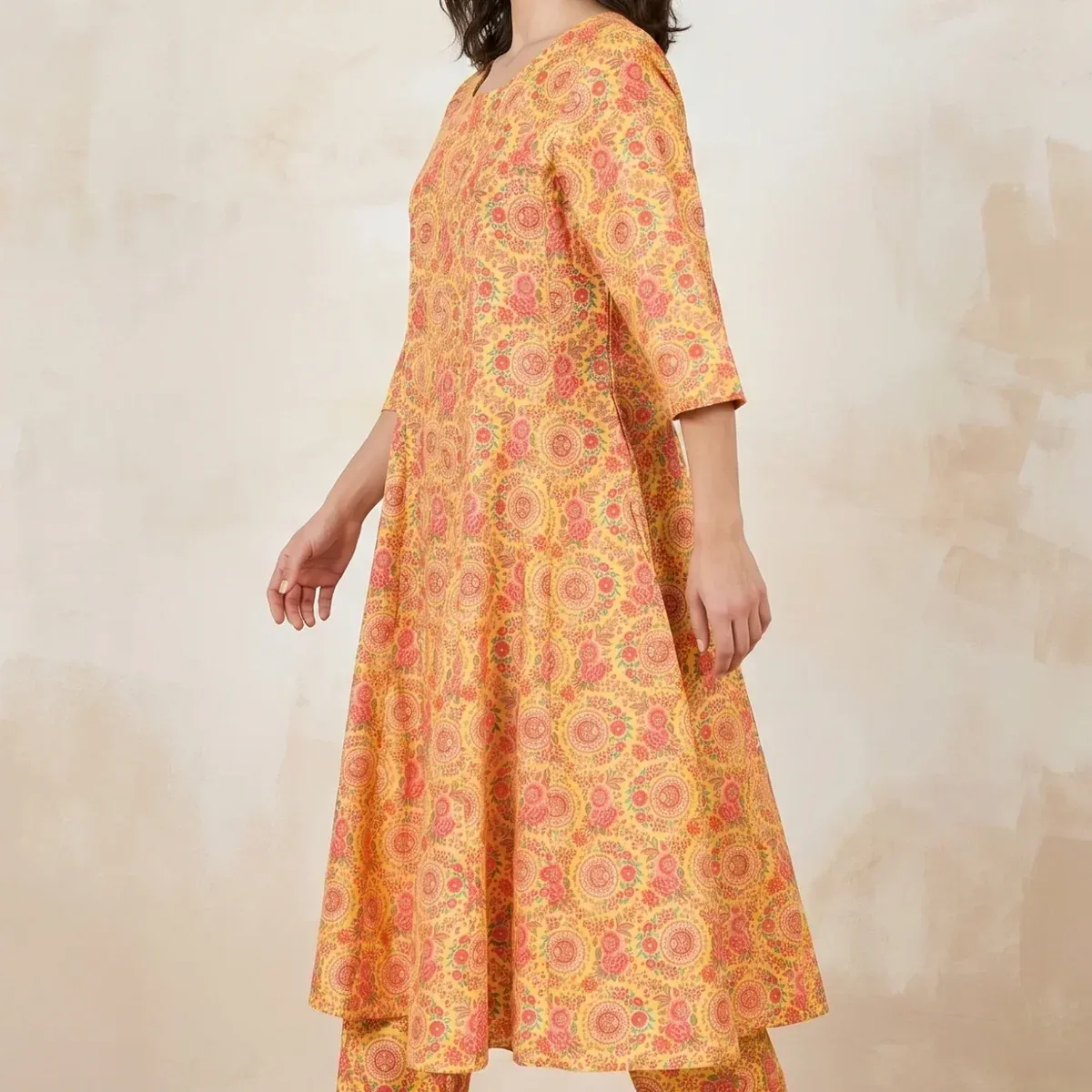Yellow Floral Printed Rayon Flared Kurta With Pants Co-ord Set, photo 4 of 4