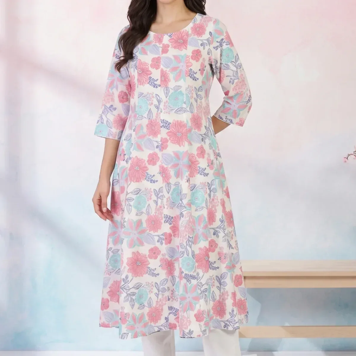 White Floral Printed Pure Cotton Flared Kurta with Trousers Set, photo 1 of 4