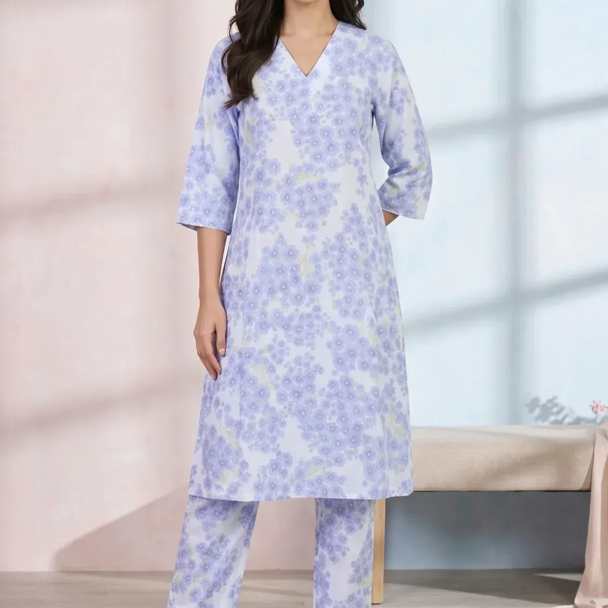 White Floral Printed Pure Cotton A-line Kurta with Pants Co-ord Set, photo 1 of 4
